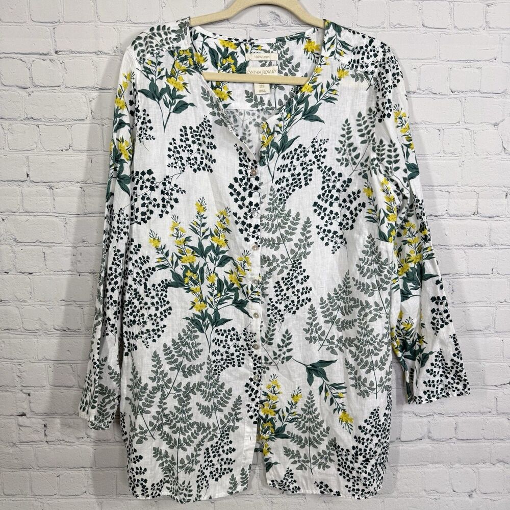 Chinthya Rowley Linen Blouse Women Size Plus 1X Floral Artsy Roll Tab Sleeve Top